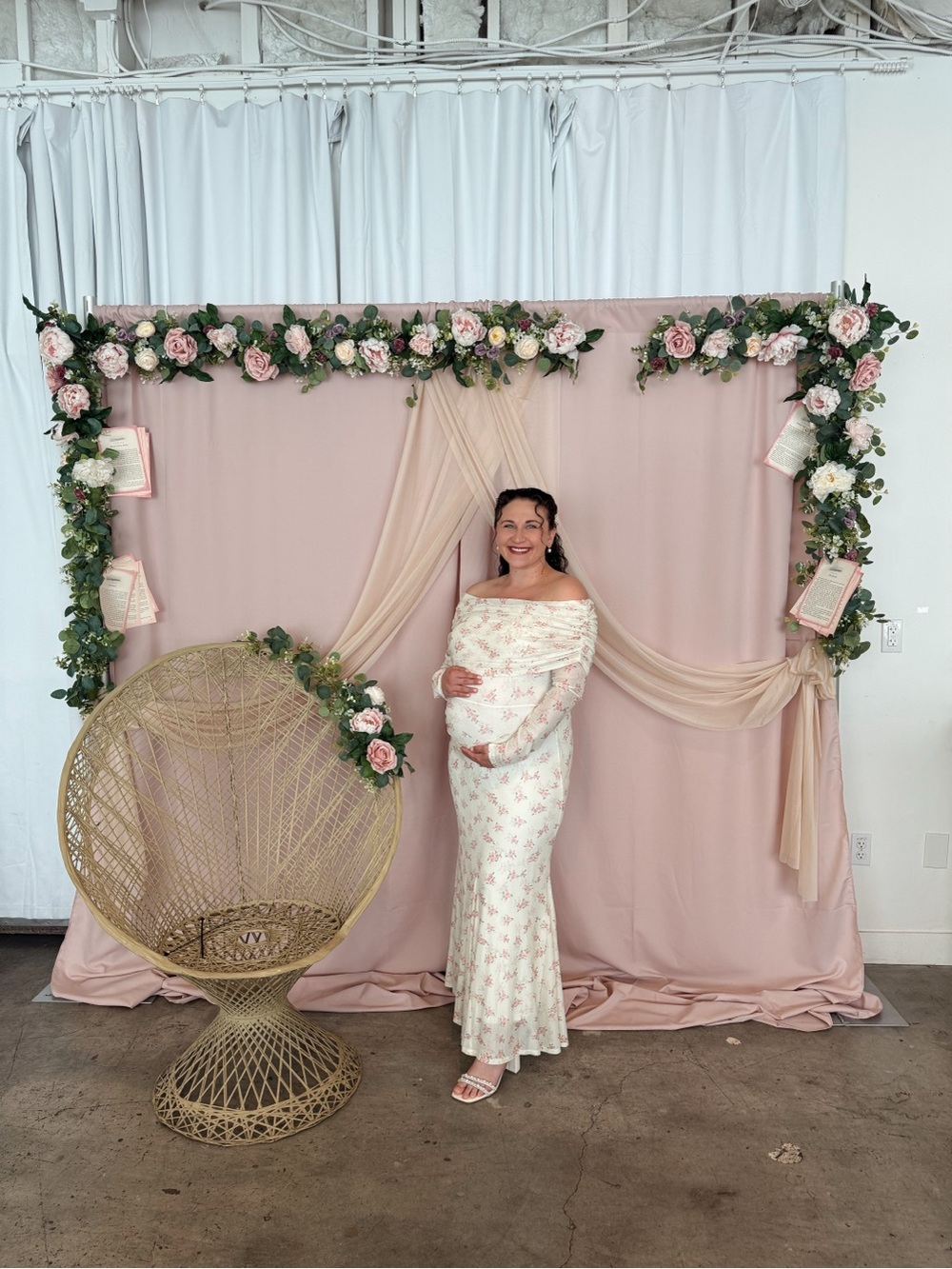 Off-Shoulder Floral Maternity Dress in Ivory and Pink